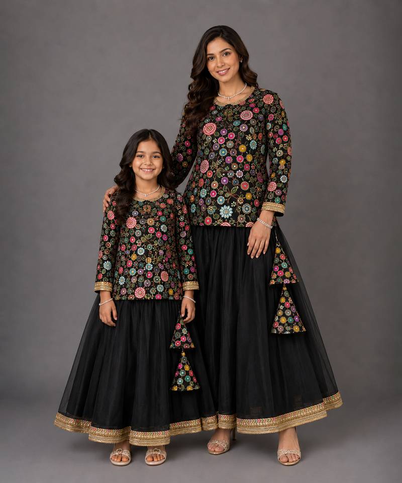 Mother daughter black embroidered cotton silk lehenga set