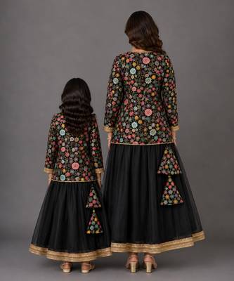 Mother daughter black embroidered cotton silk lehenga set 2