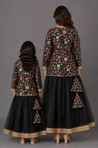 Mother daughter black embroidered cotton silk lehenga set