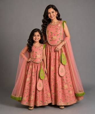 Mother daughter peach printed cotton silk lehenga set 1