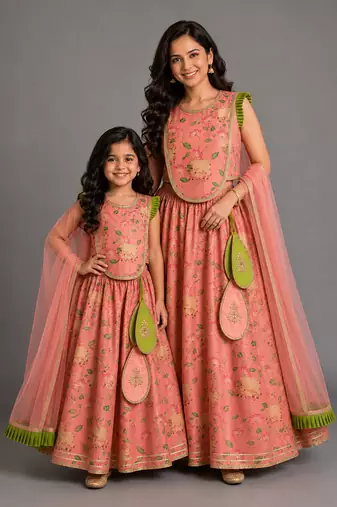 Mother daughter peach printed cotton silk lehenga set
