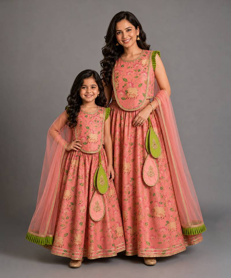 Mother daughter peach printed cotton silk lehenga set