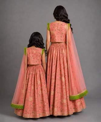 Mother daughter peach printed cotton silk lehenga set 2