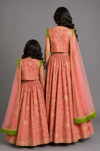 Mother daughter peach printed cotton silk lehenga set