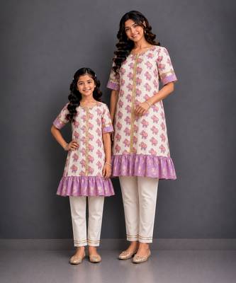 Mother daughter off white purple printed cotton silk kurti set 1