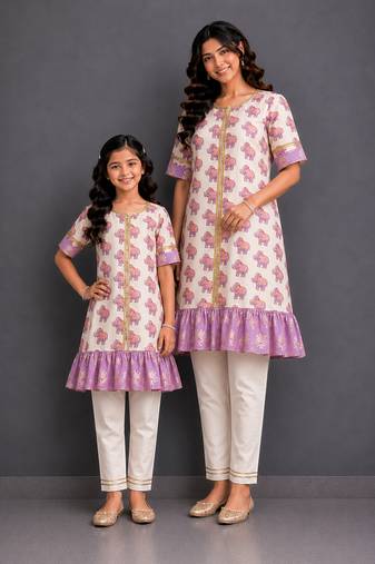 Mother daughter off white purple printed cotton silk kurti set