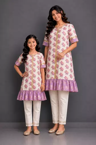Mother daughter off white purple printed cotton silk kurti set