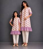 Mother daughter off white purple printed cotton silk kurti set
