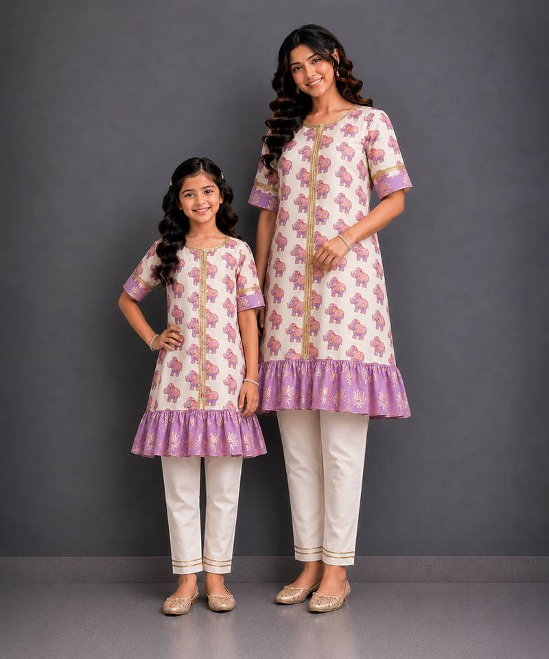 Mother daughter off white purple printed cotton silk kurti set