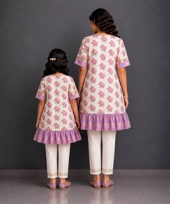 Mother daughter off white purple printed cotton silk kurti set 2