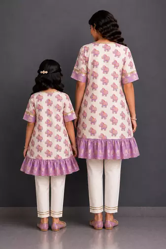 Mother daughter off white purple printed cotton silk kurti set