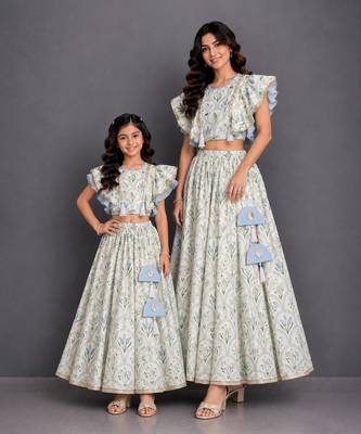Mother daughter off white printed cotton silk lehenga set 1
