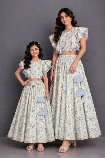 Mother daughter off white printed cotton silk lehenga set