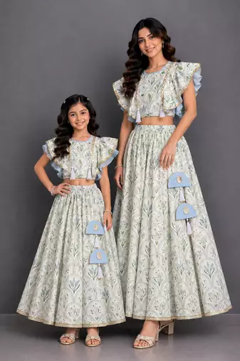 Mother daughter off white printed cotton silk lehenga set