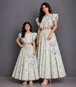 Mother daughter off white printed cotton silk lehenga set