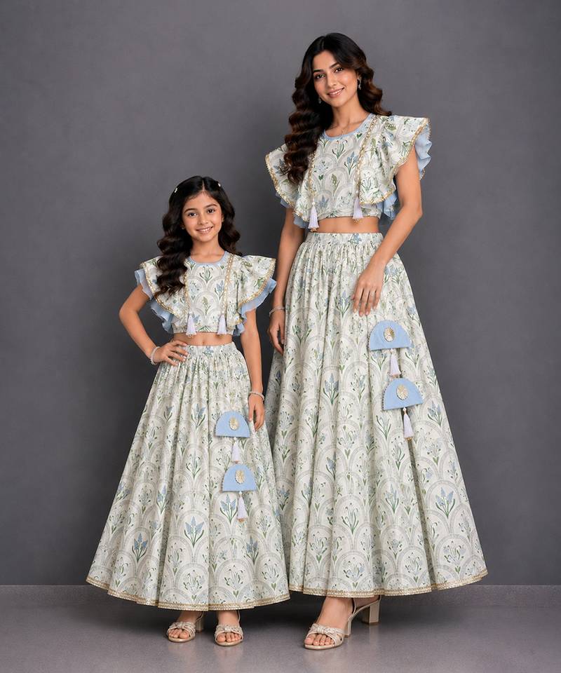Mother daughter off white printed cotton silk lehenga set