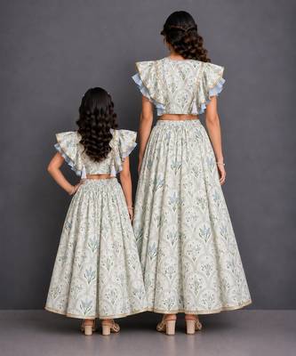Mother daughter off white printed cotton silk lehenga set 2