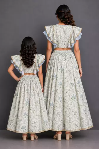 Mother daughter off white printed cotton silk lehenga set
