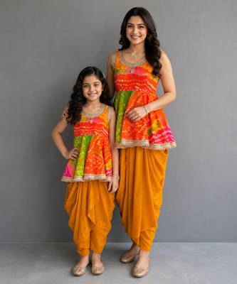 Mother daughter multicolor printed georgette lungi skirt set 1
