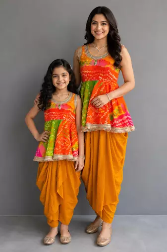 Mother daughter multicolor printed georgette lungi skirt set