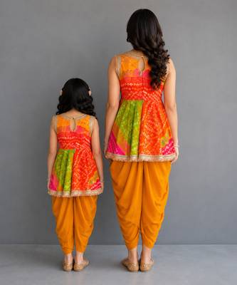 Mother daughter multicolor printed georgette lungi skirt set 2