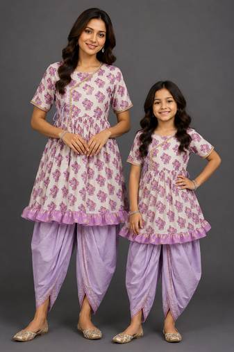 Mother daughter off white purple printed cotton silk kurti set
