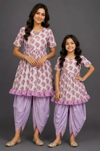 Mother daughter off white purple printed cotton silk kurti set