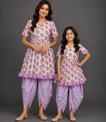 Mother daughter off white purple printed cotton silk kurti set