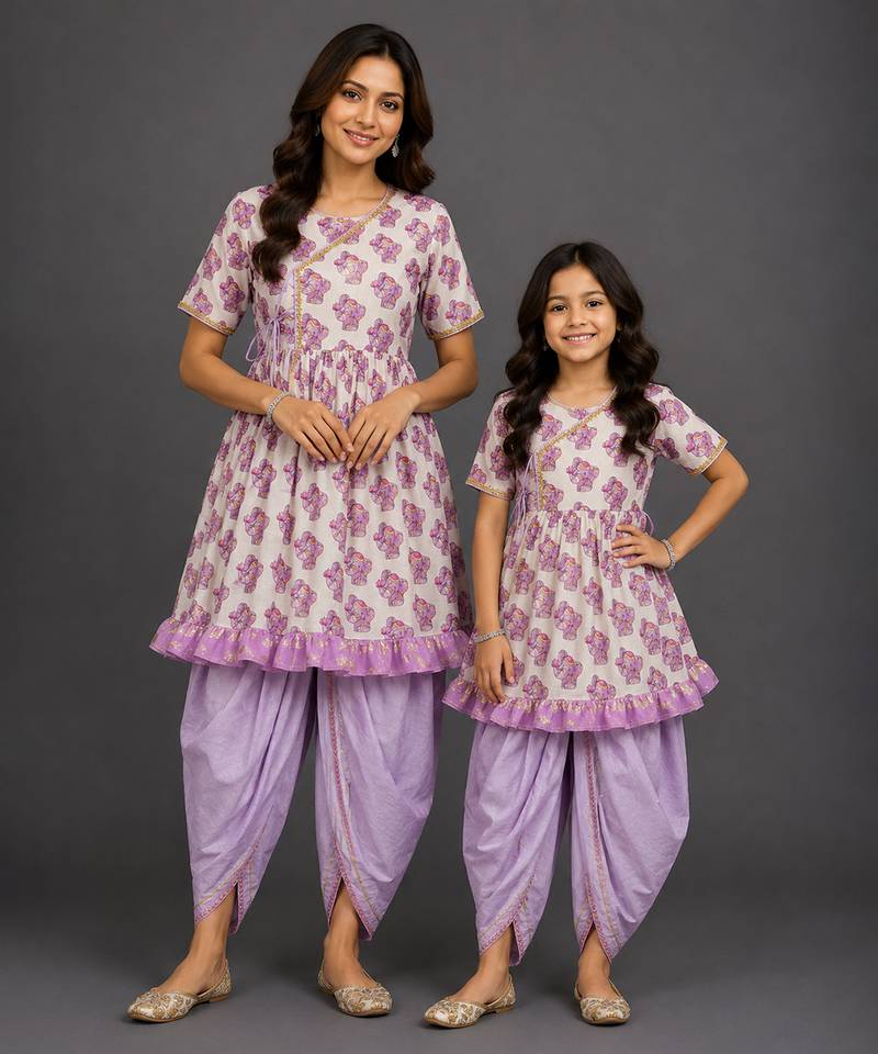 Mother daughter off white purple printed cotton silk kurti set