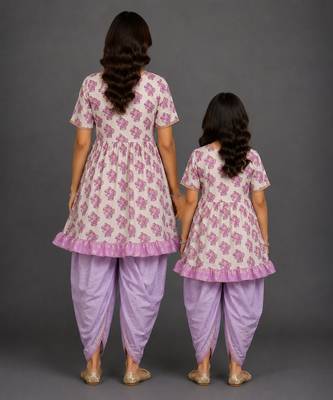 Mother daughter off white purple printed cotton silk kurti set 2
