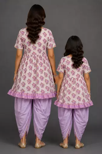 Mother daughter off white purple printed cotton silk kurti set