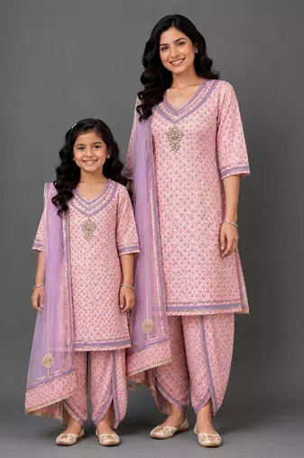 Mother daughter pastel peach printed cotton silk kurti set