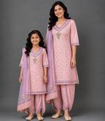 Mother daughter pastel peach printed cotton silk kurti set