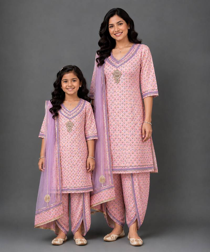 Mother daughter pastel peach printed cotton silk kurti set