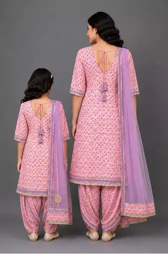 Mother daughter pastel peach printed cotton silk kurti set