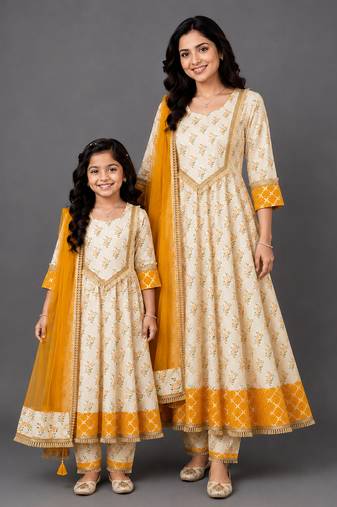 Mother daughter off white and yellow cotton silk floral anarkali suit
