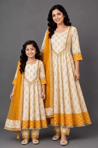 Mother daughter off white and yellow cotton silk floral anarkali suit