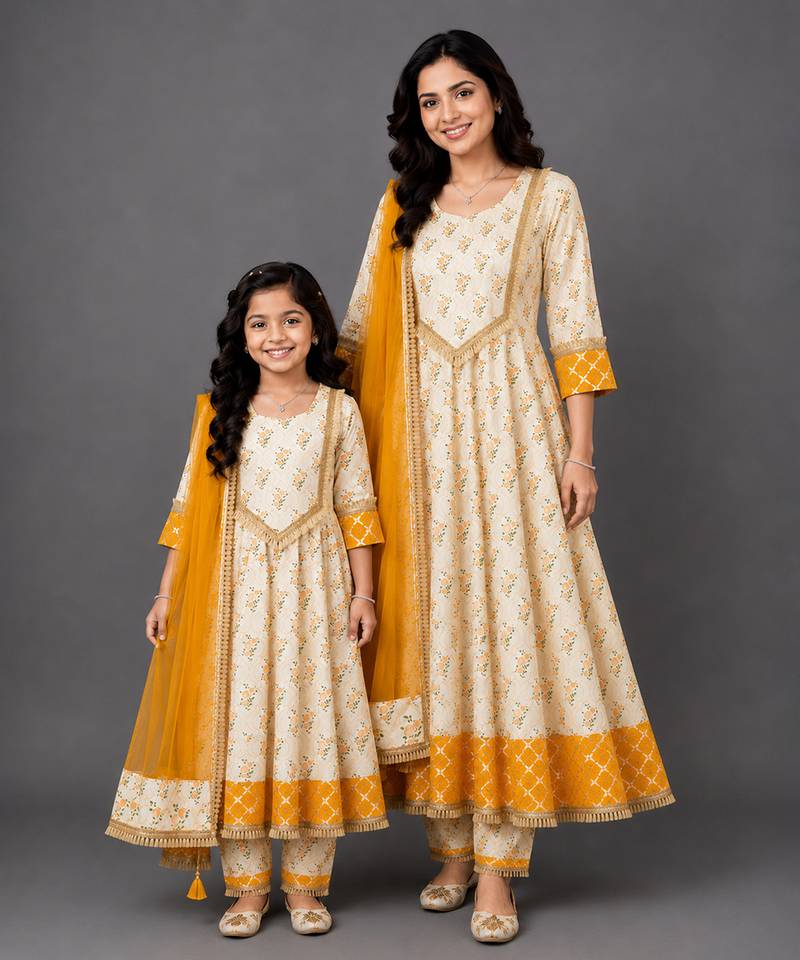 Mother daughter off white and yellow cotton silk floral anarkali suit