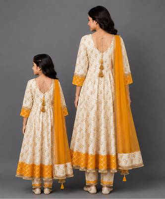 Mother daughter off white and yellow cotton silk floral anarkali suit 2
