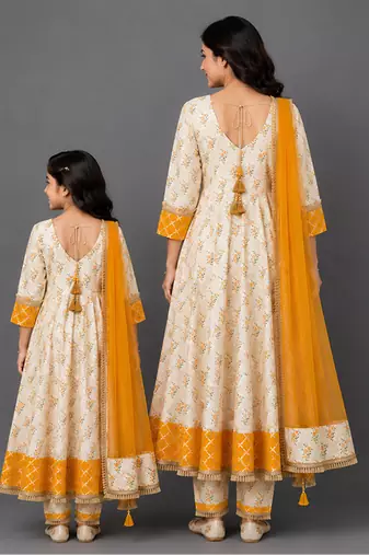 Mother daughter off white and yellow cotton silk floral anarkali suit