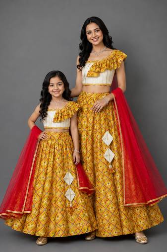 Mother daughter mustard yellow printed cotton silk lehenga set