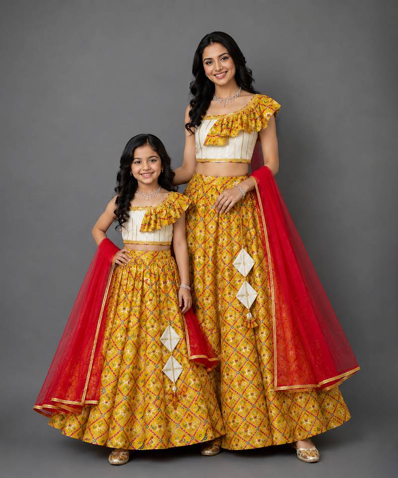 Mother daughter mustard yellow printed cotton silk lehenga set