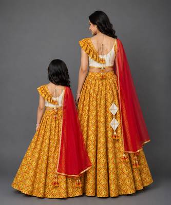Mother daughter mustard yellow printed cotton silk lehenga set 2