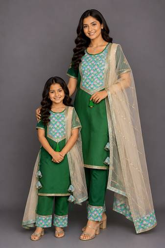 Mother daughter emerald green teal blue printed cotton silk kurti set