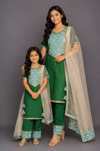 Mother daughter emerald green teal blue printed cotton silk kurti set
