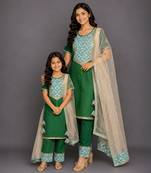 Mother daughter emerald green teal blue printed cotton silk kurti set