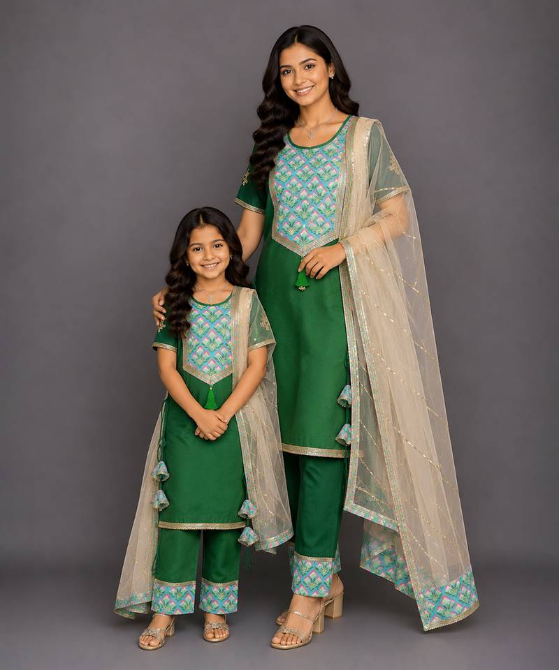 Mother daughter emerald green teal blue printed cotton silk kurti set