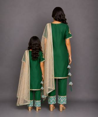 Mother daughter emerald green teal blue printed cotton silk kurti set 2