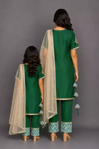 Mother daughter emerald green teal blue printed cotton silk kurti set