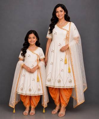 Mother daughter orange printed cotton silk angrakha kurta and dhoti set 1